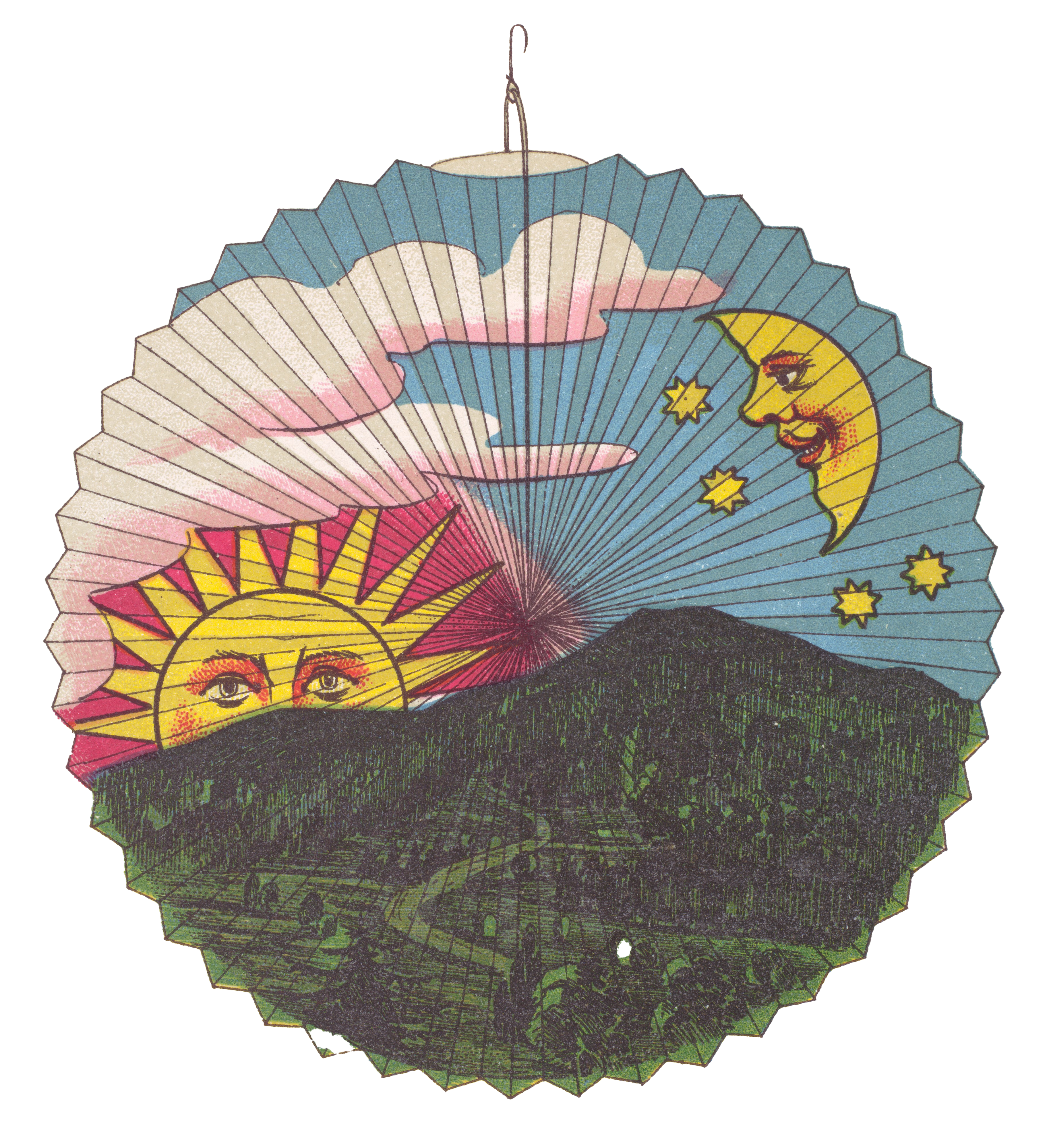 Bright paper lantern with a landscape on it
